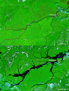 Снимок из космоса бассейна реки Амур в августе 2008 и 2013 года