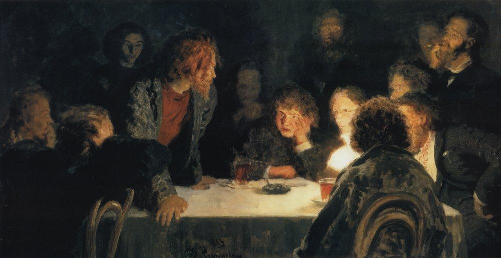 Репин Илья Ефимович "Сходка (При свете лампы)" 1883