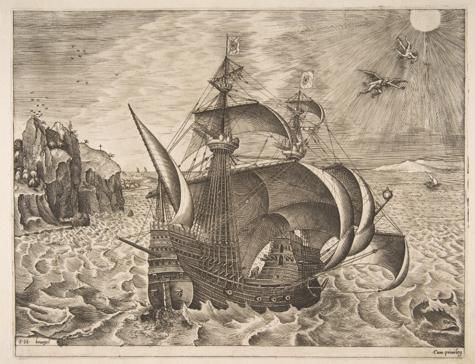 Португальский трехмачтовый корабль с Дедалом и Икаром в небе. Гравюра Питера Брюгеля Старшего, 1561-1565 гг.