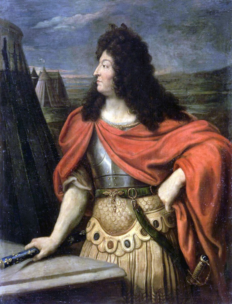 Louis XIV de profil, vêtu à la romaine devant un campement militaire de ,D'après Mignard Pierre