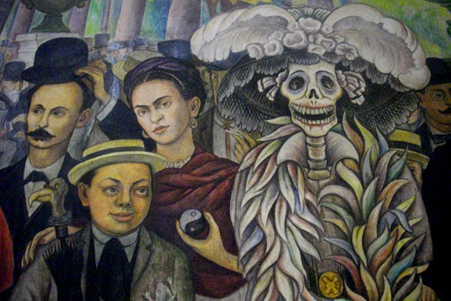 José Martí, Diego Rivera, Frida Kahlo és Catrina találkozása egy Rivera-festményen 